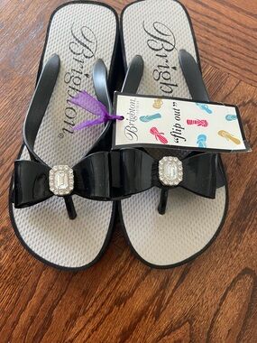 Brighton Black Bow Sandals with Jewel Accent